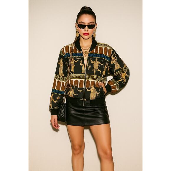 Vintage Vio Silk Greco-Roman Print Versace Style Medium Bomber Jacket 1990s - Picture 1 of 9